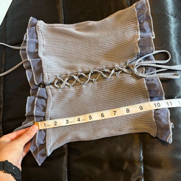 SHEIN Unity Lace Up Knot Mesh Frill Trim Rib-Knit Top Size Medium - Picture 8 of 9